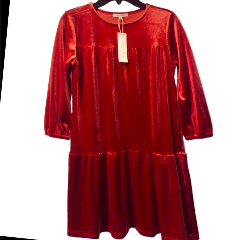 KIDS Girls Cooper Key Holiday Red Velvet Velour Long Sleeves Holiday Dre…
